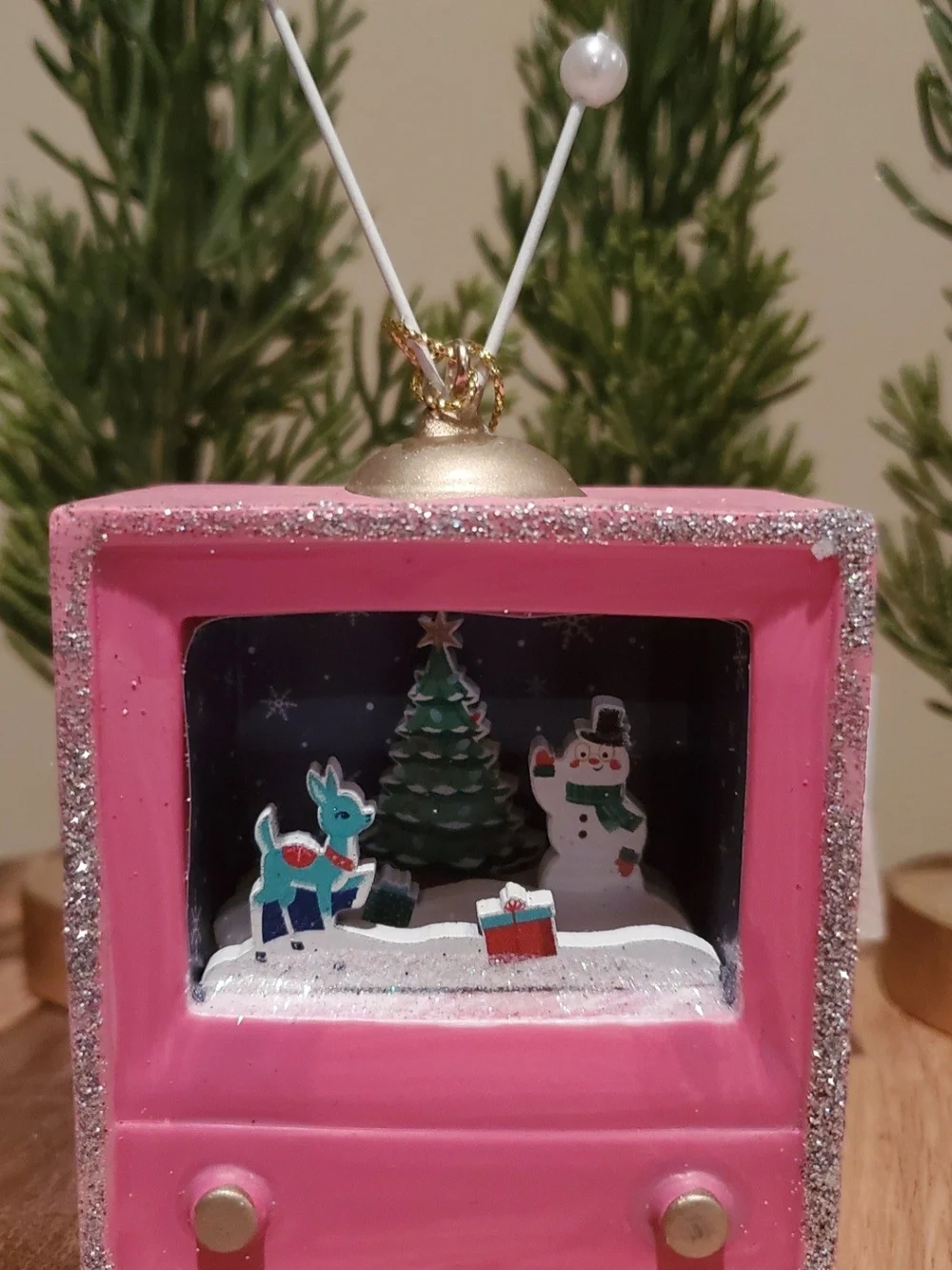 Target Pink Glitter Holiday TV Ornament with Snowman & Reindeer Scene